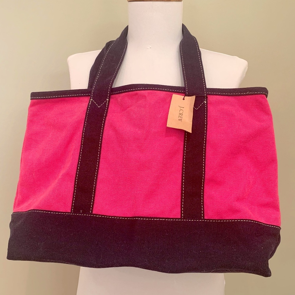 NWT J.Crew Pink & Navy Sunwashed Cotton Tote